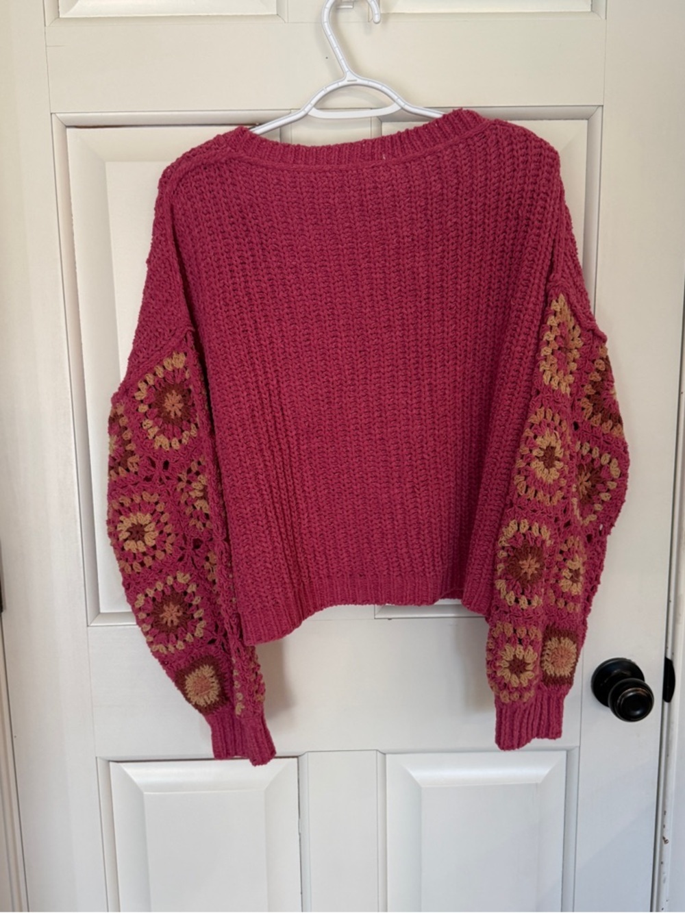 POL Pink Crochet Sweater Boho Chunky Knit V-Neck Crop Pullover 25312 - Picture 6 of 10